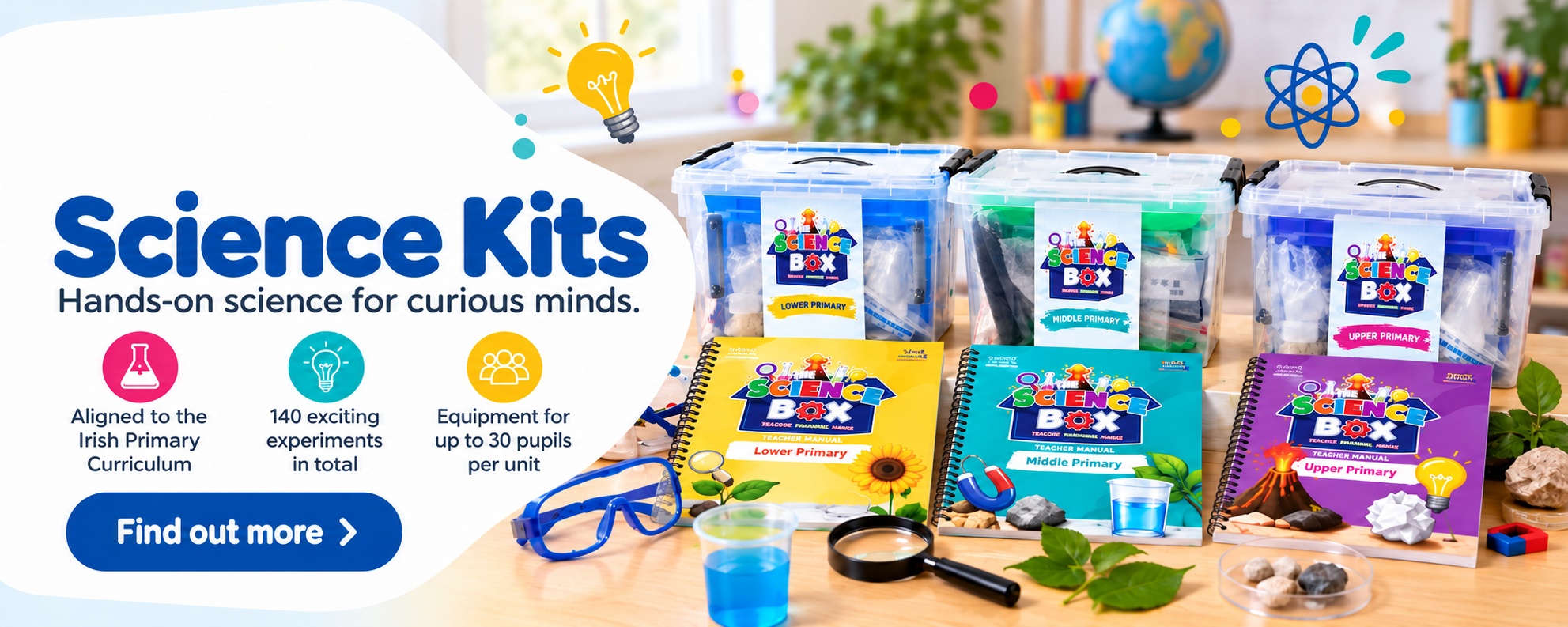 Science Kits. Hands-on science for curious minds. Lower, Middle and Upper Science Boxes with manuals. 140 experiments in total and equipment for up to 30 pupils.